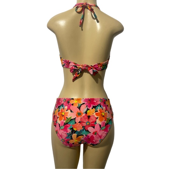 Floral Pink Smocked Bandeau Mid Rise Two Piece Bikini Set Adjustable Halter Top - Picture 5 of 15